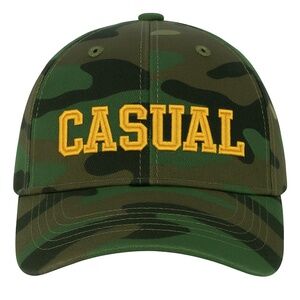 CASUAL Varsity Camo Hat— Gold Embroidered Structured Velcro Baseball Cap College